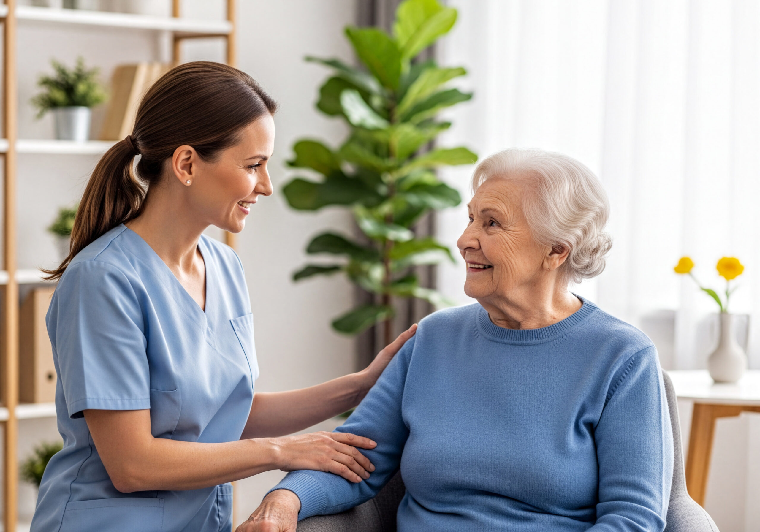 Smiling Caregiver Woman Assisting Happy Elderly Senior Woman With Gentle Touch